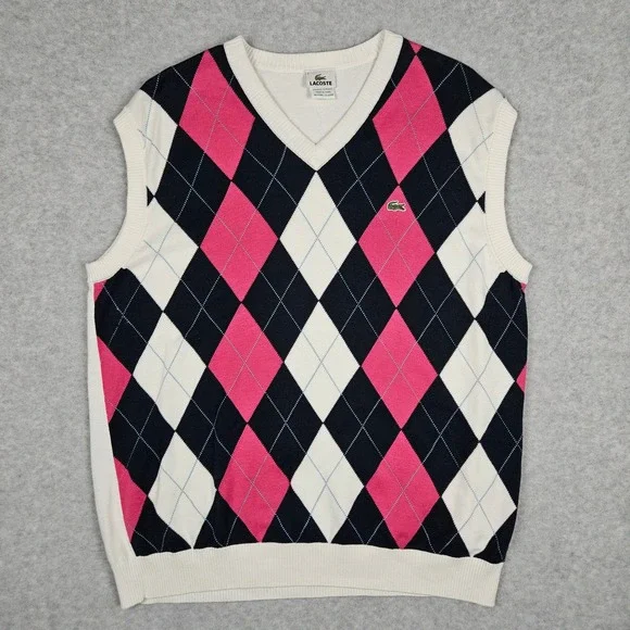 Lacoste (Men's 7 XL) White Pink Argyle Diamond V-Neck Sweater Vest Golf Tennis - Picture 1 of 6